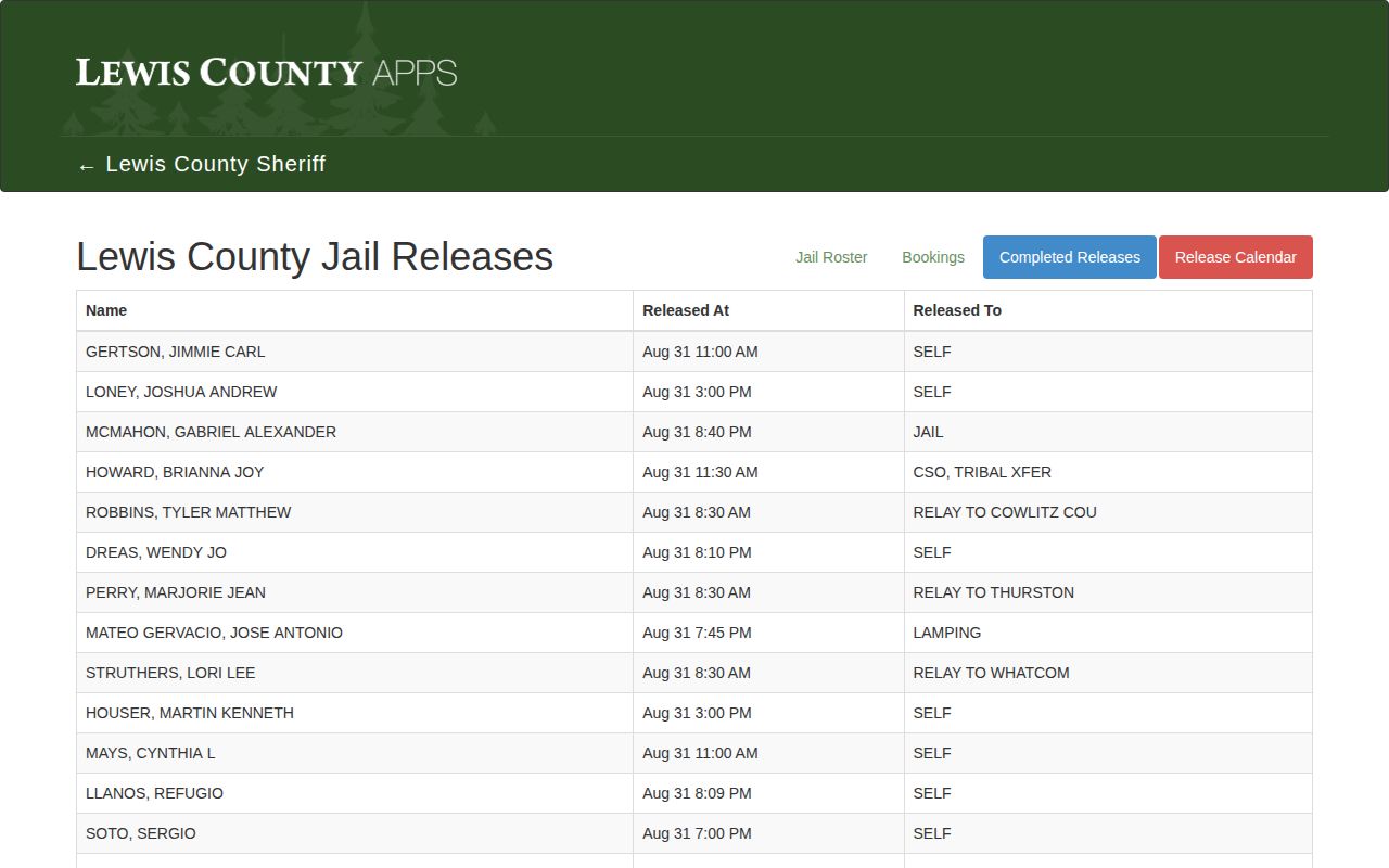 Lewis County Jail completed booking releases record interface