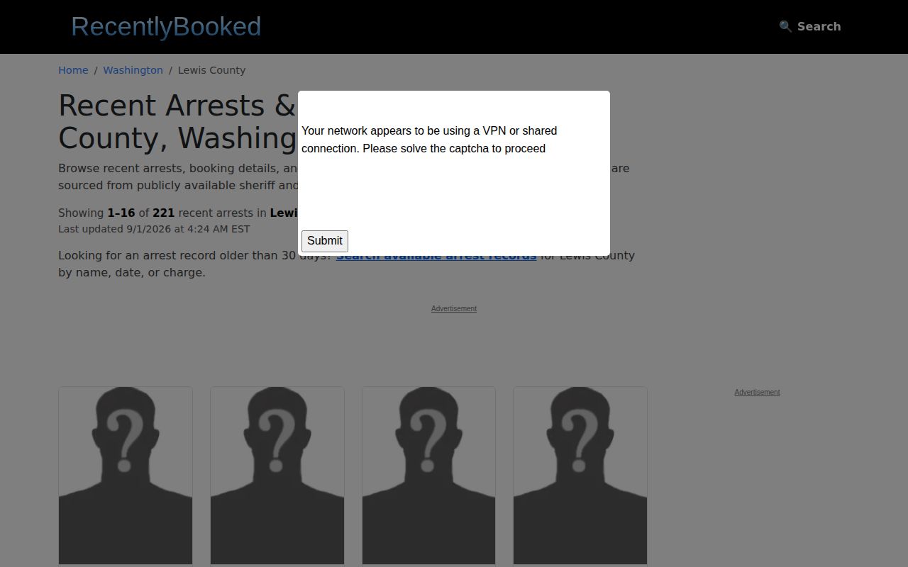 Lewis County third-party records listing page marked unofficial