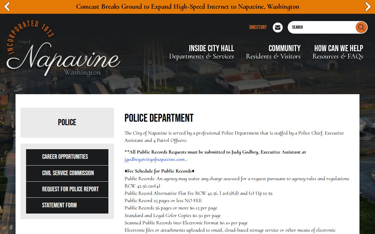 Lewis County Napavine Police arrest-record request page
