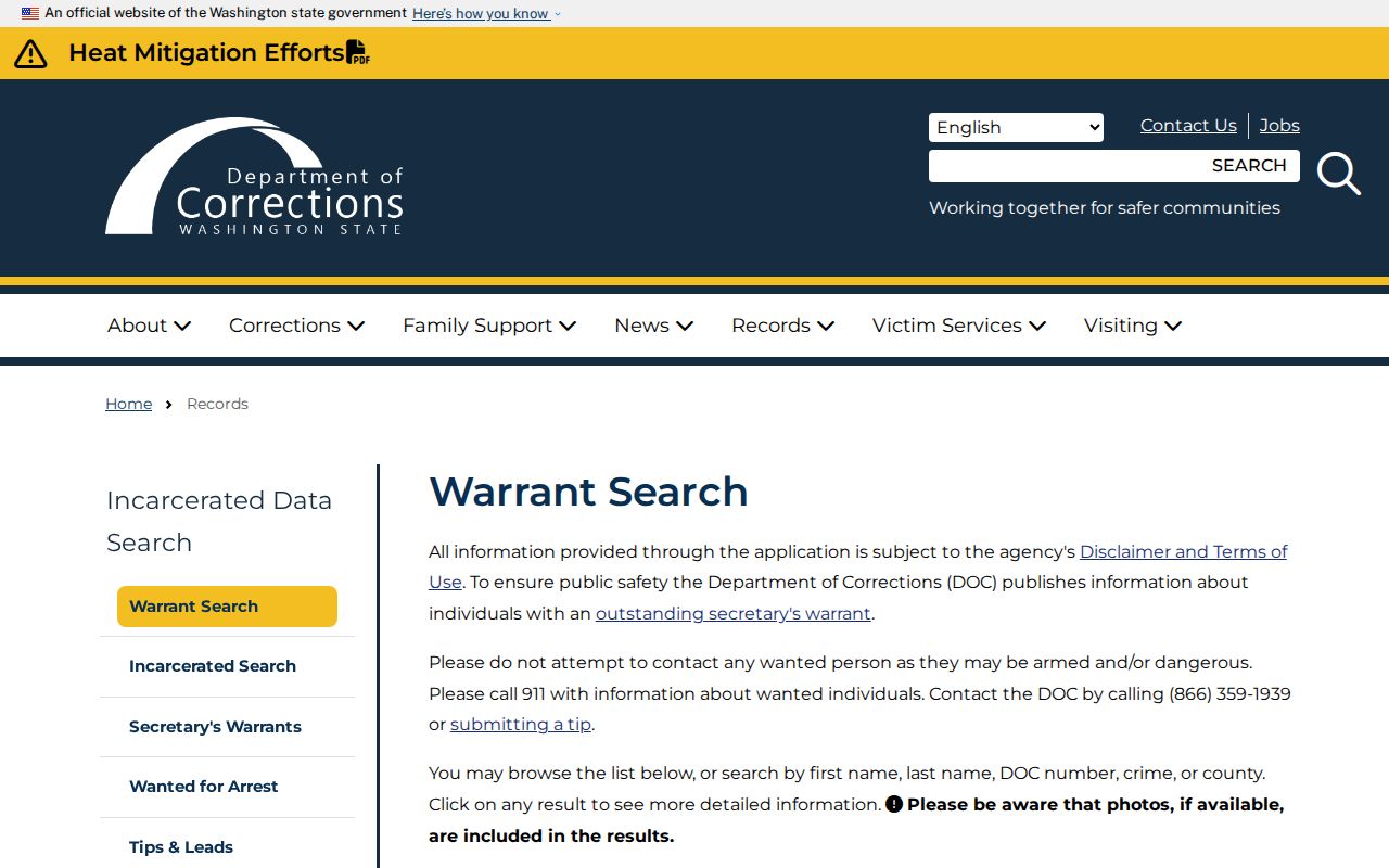 Washington DOC Secretary's Warrant Search for Lewis County warrant records